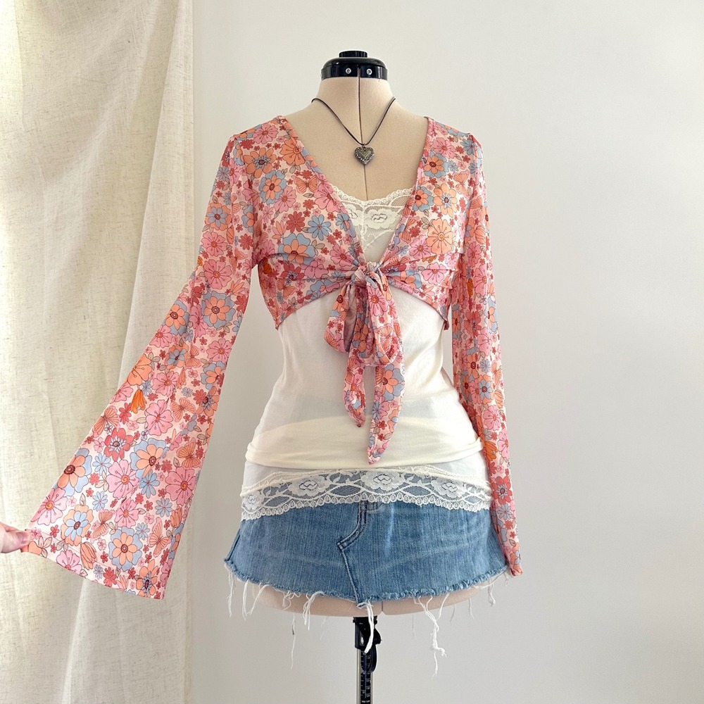 Womens Retro Floral Mesh Tie Front Top Medium Bell Sleeve Festival Boho Fairy